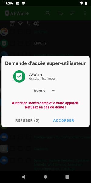 AFWall+ droits super utilisateur