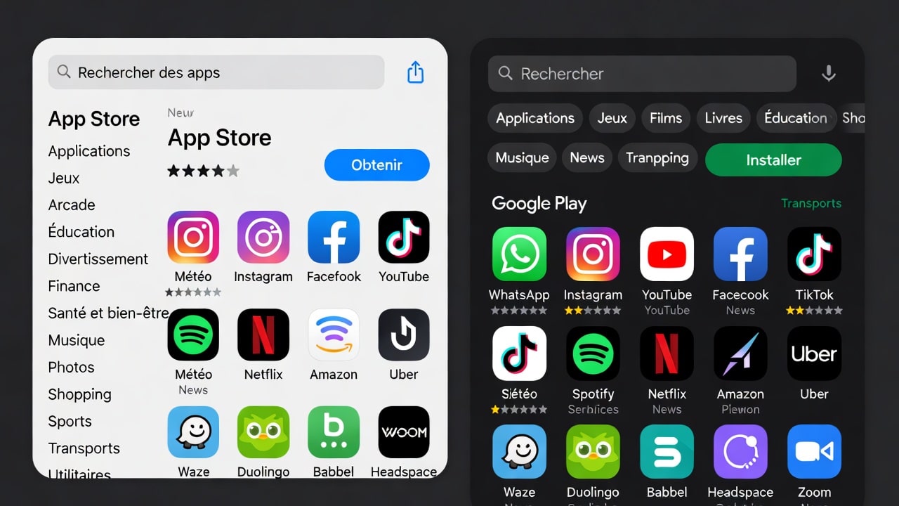 Interface des stores d'applications mobiles App Store et Google Play