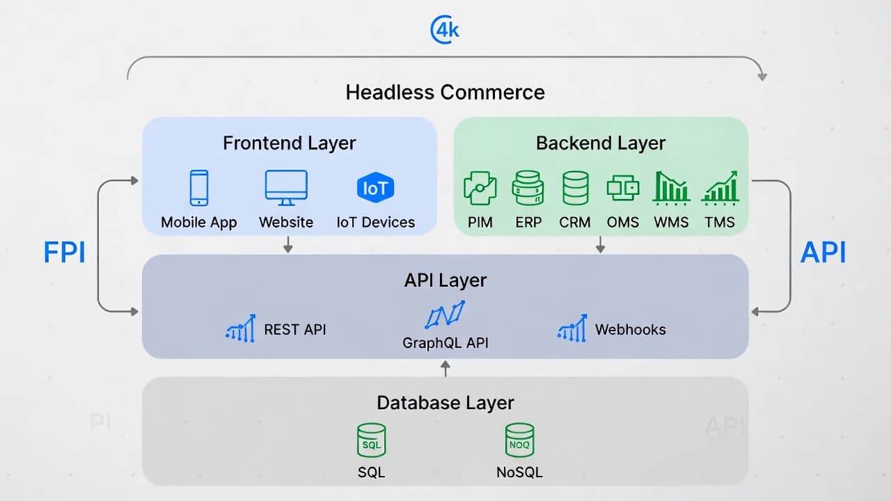 Schéma d'architecture headless séparant front-end et back-end via APIs