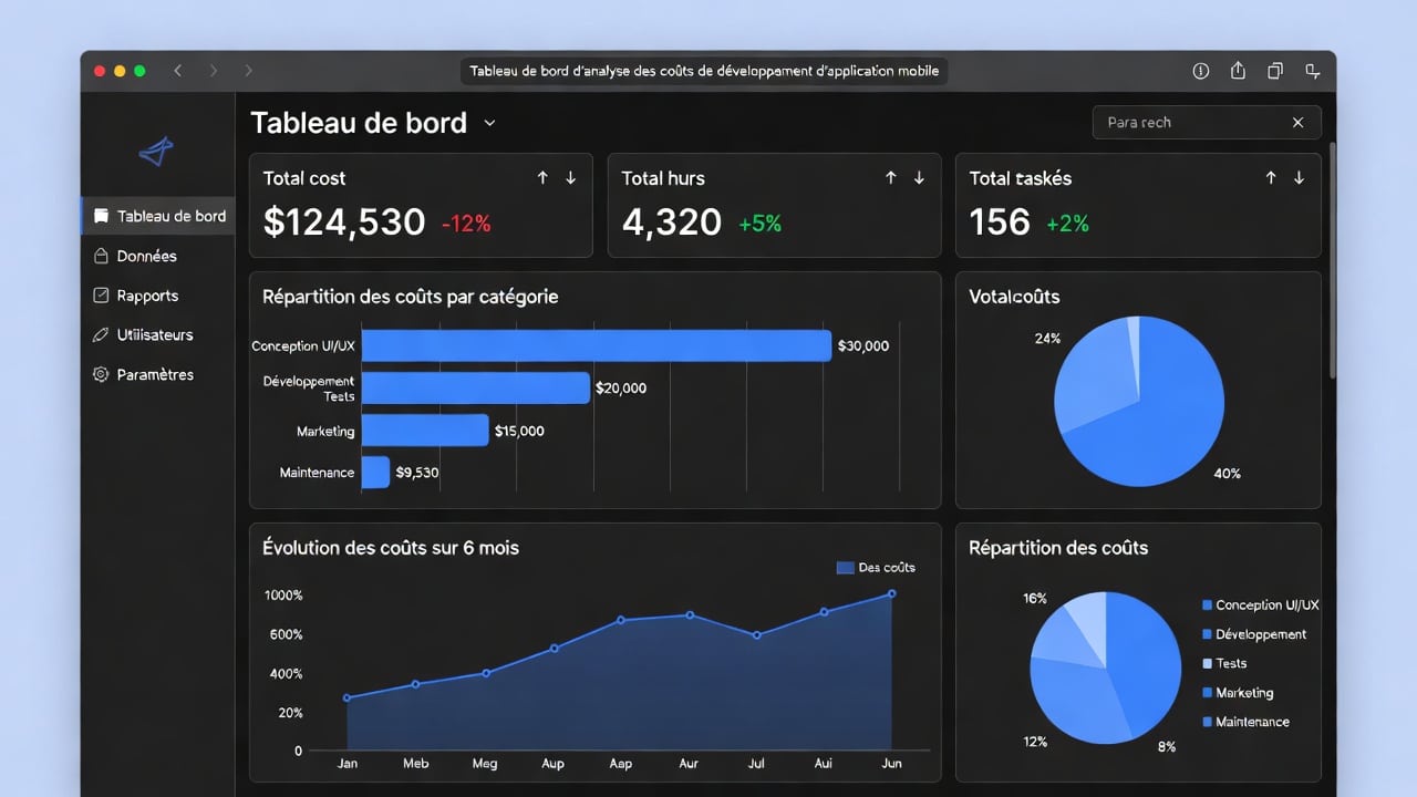 Tableau de bord d'analyse des coûts de développement d'application mobile