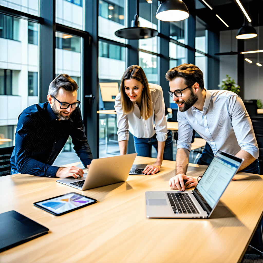 Équipe de développement suisse collaborant sur un projet mobile premium