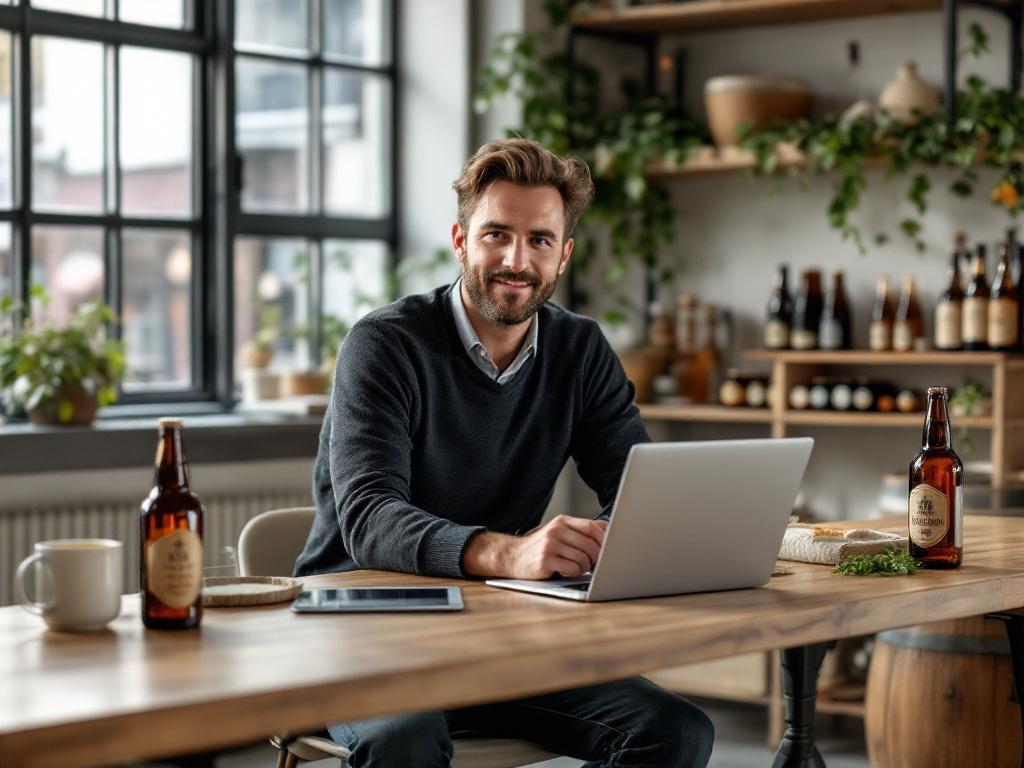 Brasseur artisan belge gérant sa boutique en ligne avec assistance IA