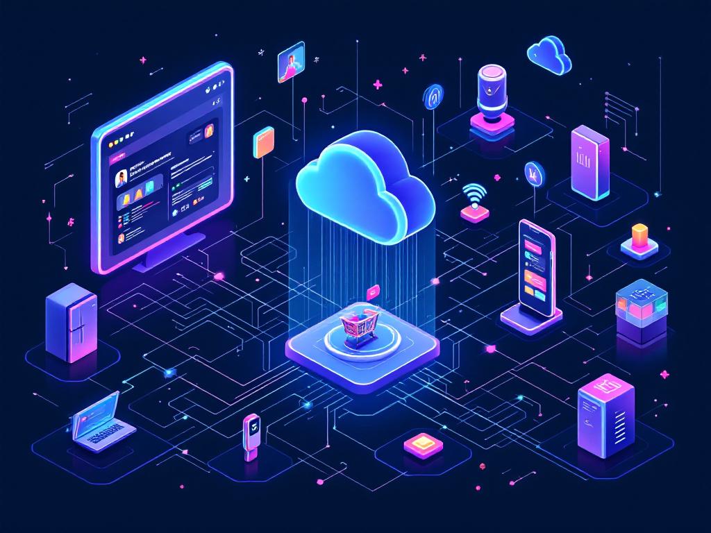 Écosystème e-commerce omnicanal avec multiples frontends connectés à un backend centralisé