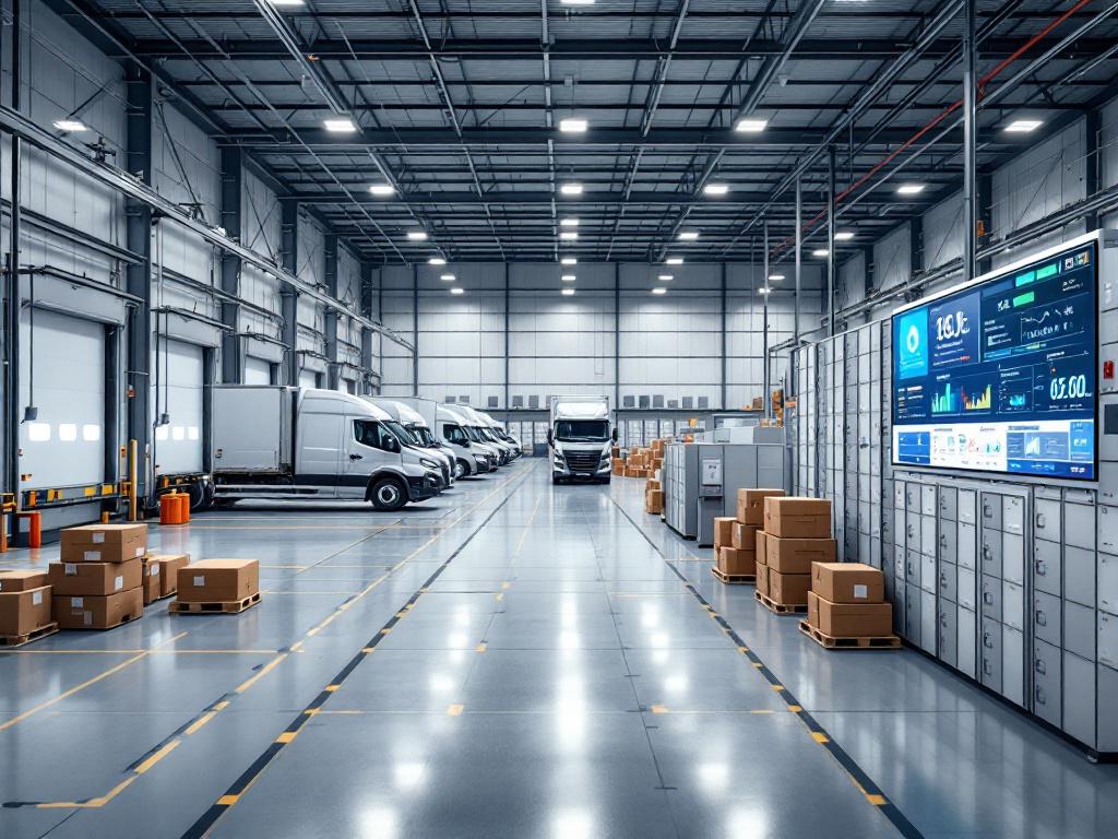 Modern-e-commerce-logistics-hub-Belgian-delivery-services-integration-concept-clean-professional-warehouse-environment-multiple-delivery-trucks-and-parcel-lockers-automated-label-printing-system-digital-tracking-interface-high-quality-detailed-4k-professional-photography