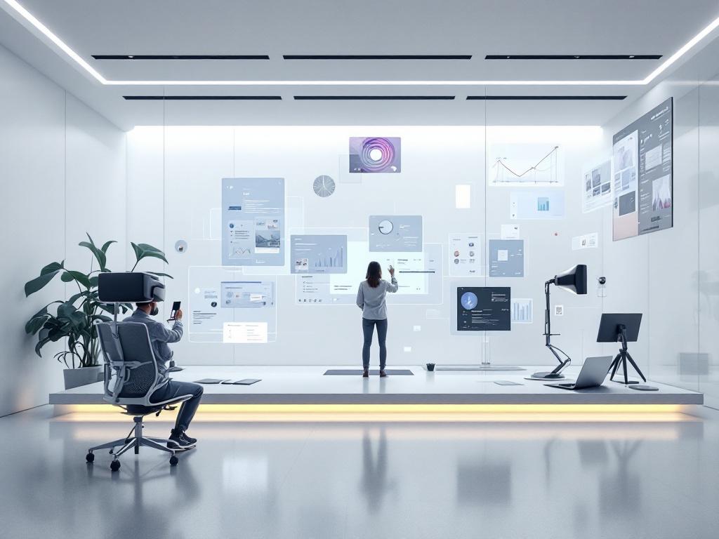 Interface de spatial computing sur Apple Vision Pro avec fenêtres flottantes