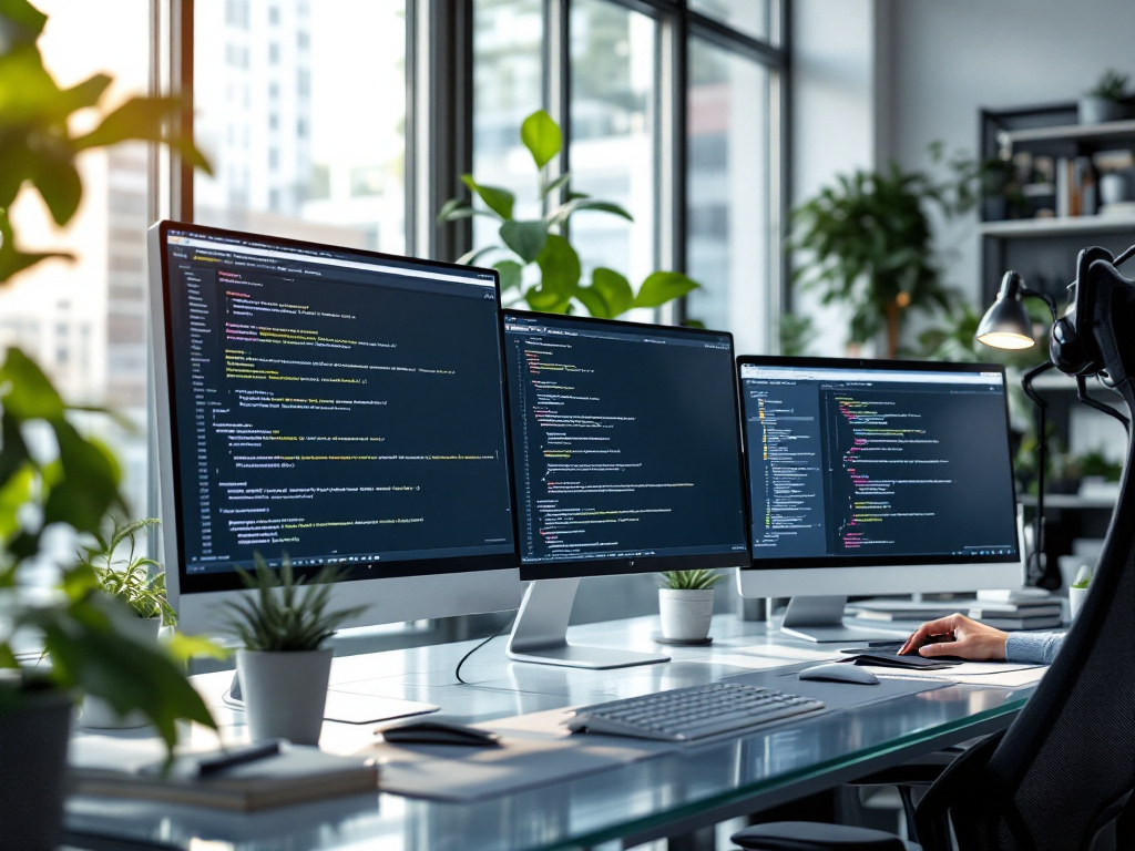 Modern-e-commerce-development-workspace-multiple-computer-screens-showing-code-and-payment-gateway-interfaces-professional-office-environment-clean-minimalist-design-natural-lighting-high-quality-detailed-4k-photorealistic